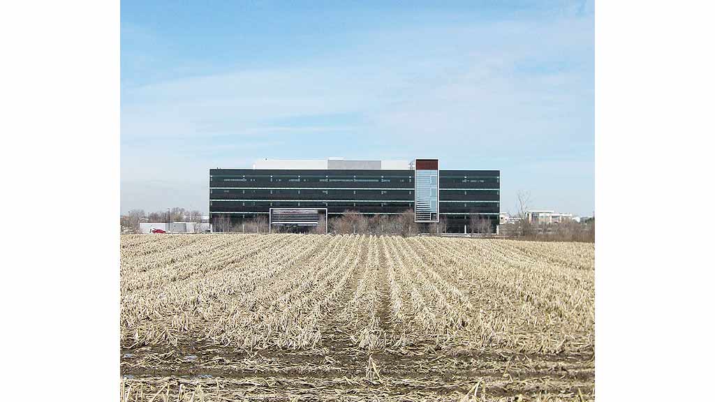 A large field of hay with a building in the background.
