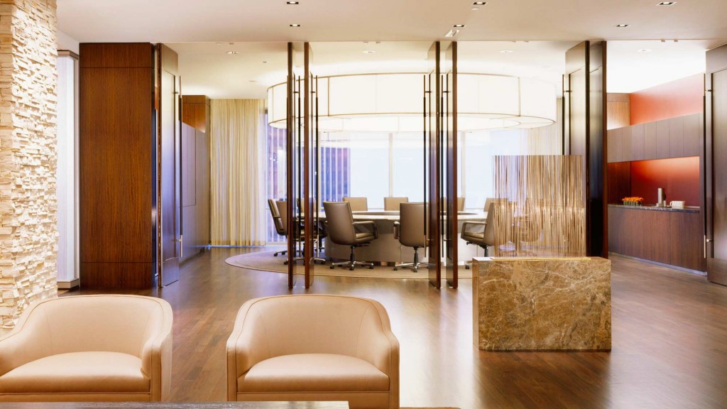 A room with a large glass door.