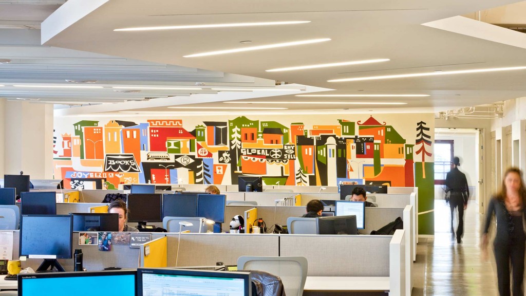 A room with computers and people.
