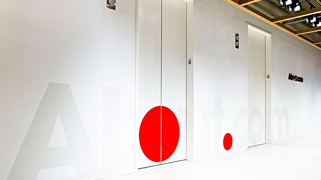 A room with white walls and red circles on the floor.