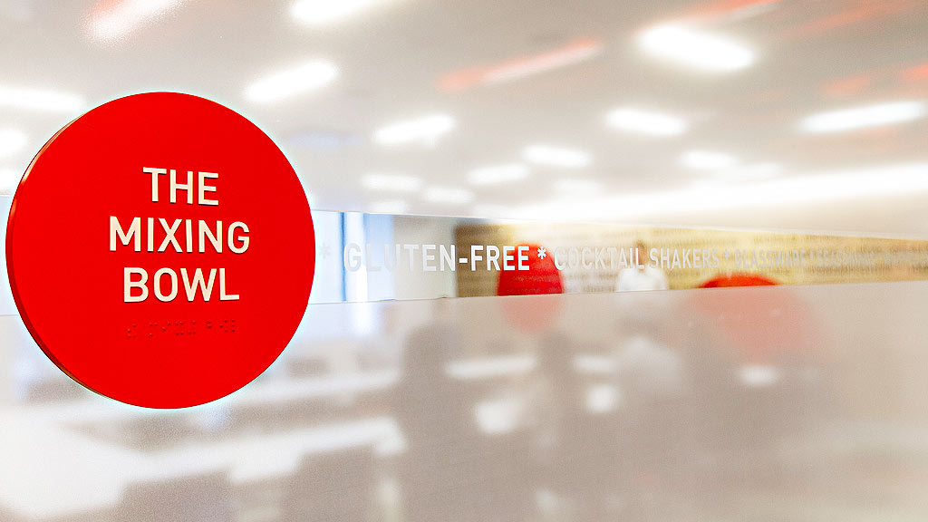 A red button on a table.