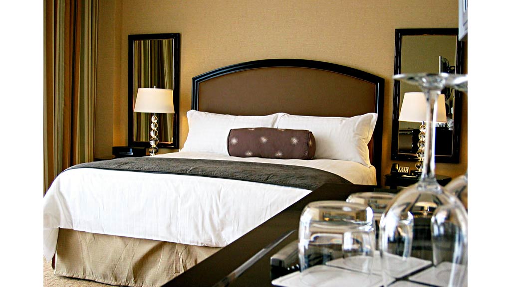 A hotel room with a bed and lamps.