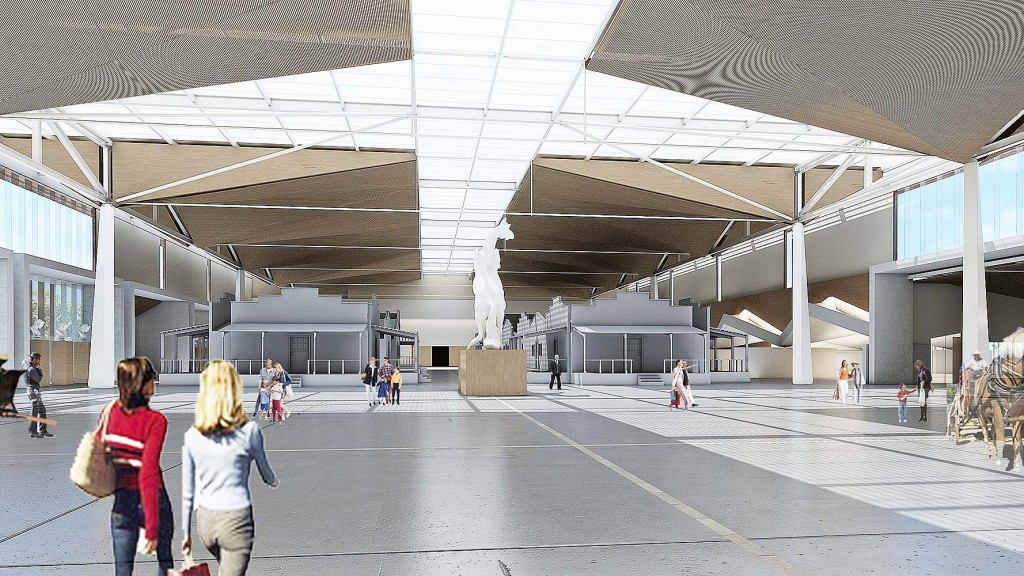 People walking in a large building.