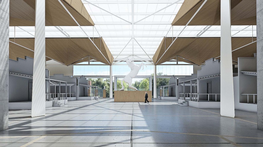 A person walking in a large building.