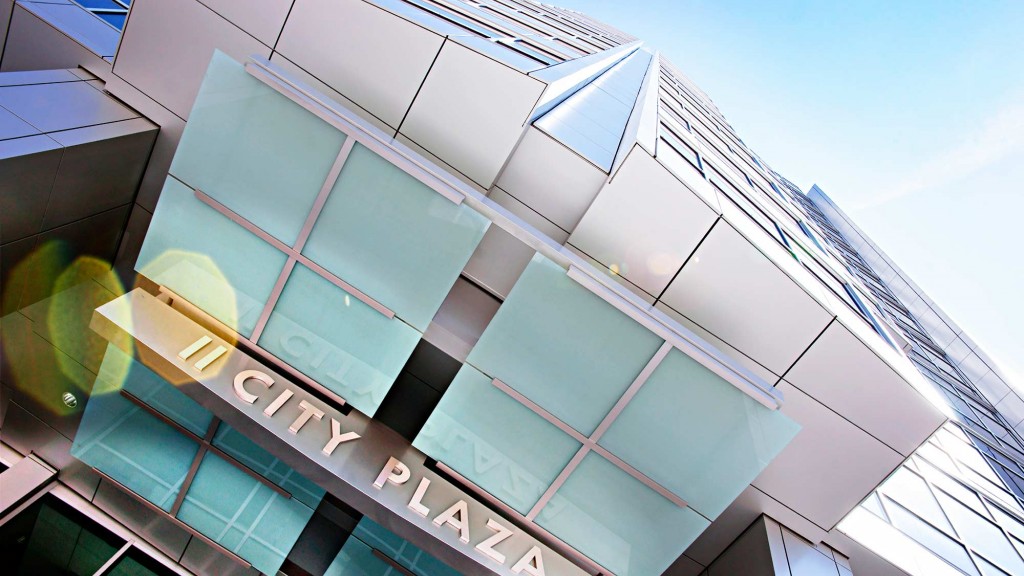 A building with glass windows.