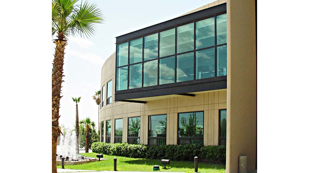 A building with glass windows.