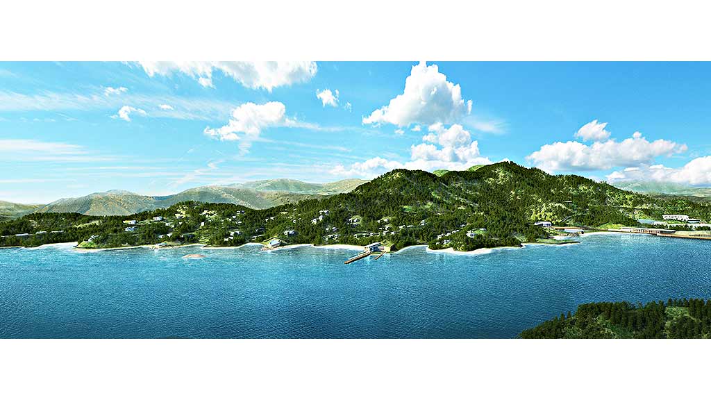 A body of water with land in the back.