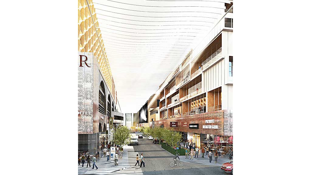 A street with people and buildings.