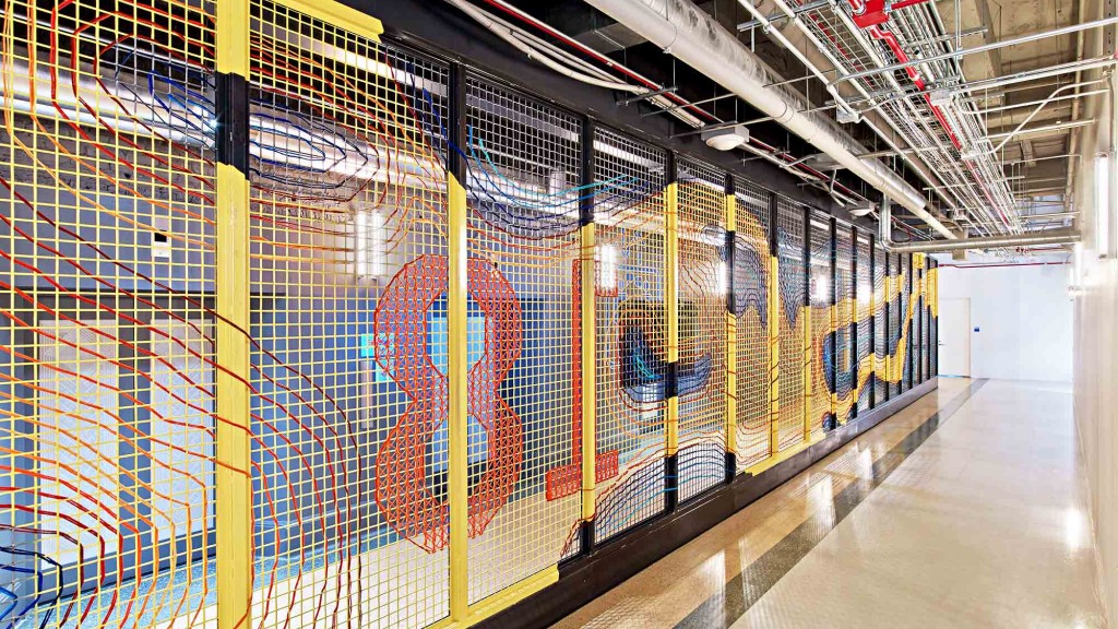 A large room with a large amount of yellow and blue bars.