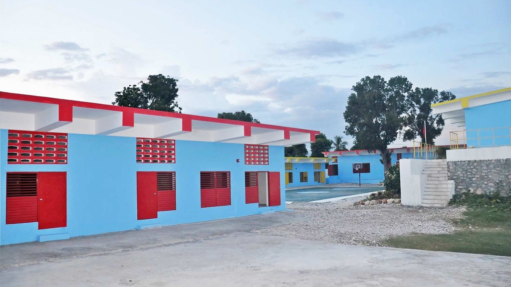 A row of colorful buildings.