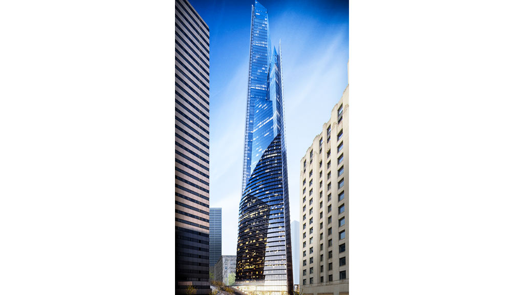 A tall glass building.