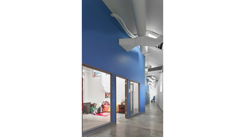 A hallway with blue walls.