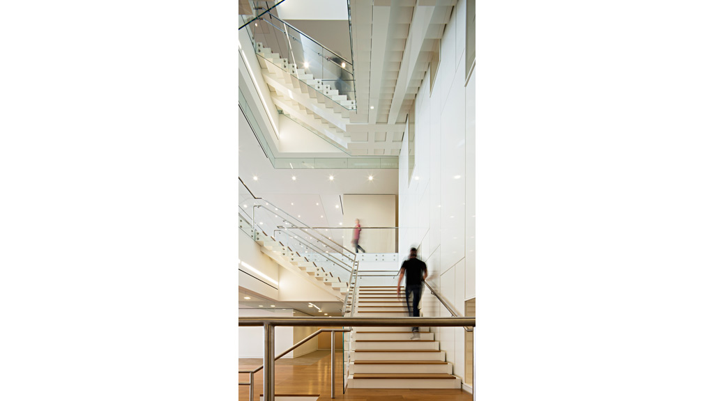 A man and woman walking up a flight of stairs.