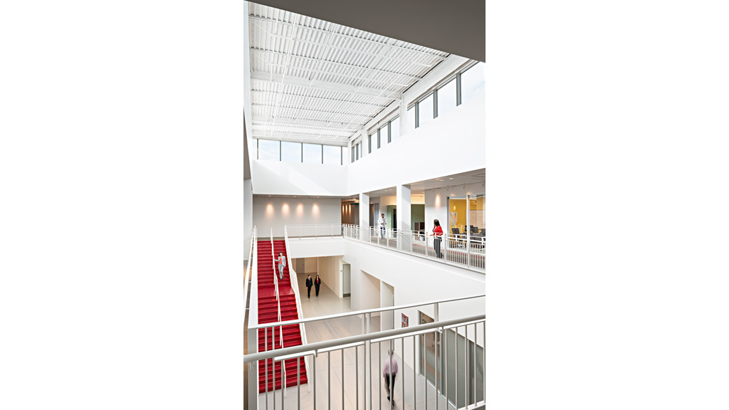 A group of people walking down a staircase.