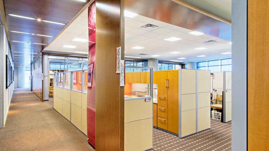 A long hallway with doors.