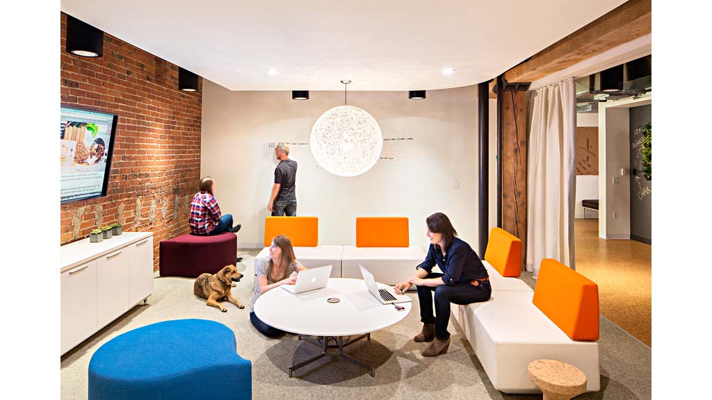 A group of people sitting in a room with a dog and a person standing in the background.