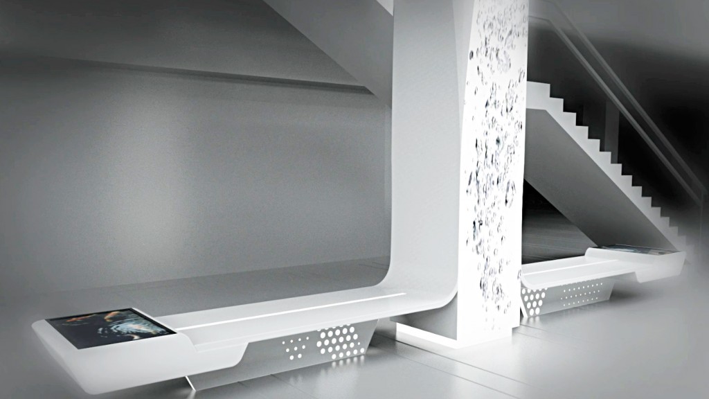 A white staircase with a white pillar.