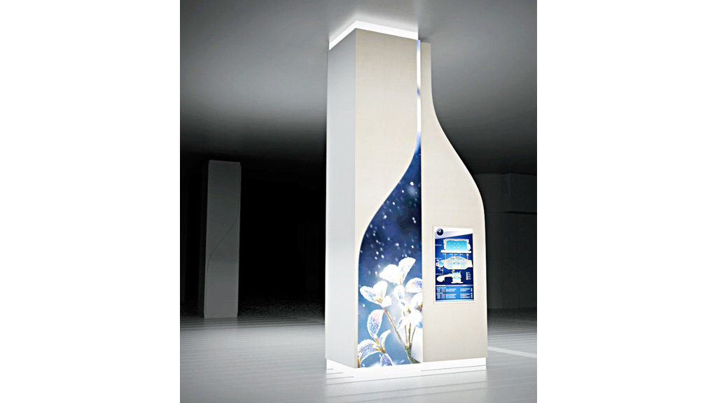 A large white pillar with a blue design.