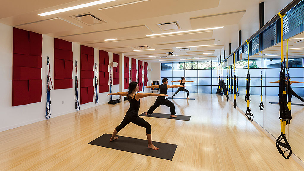 A person exercising in a gym.