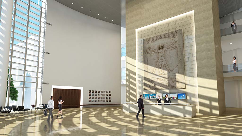 People walking in a large room.