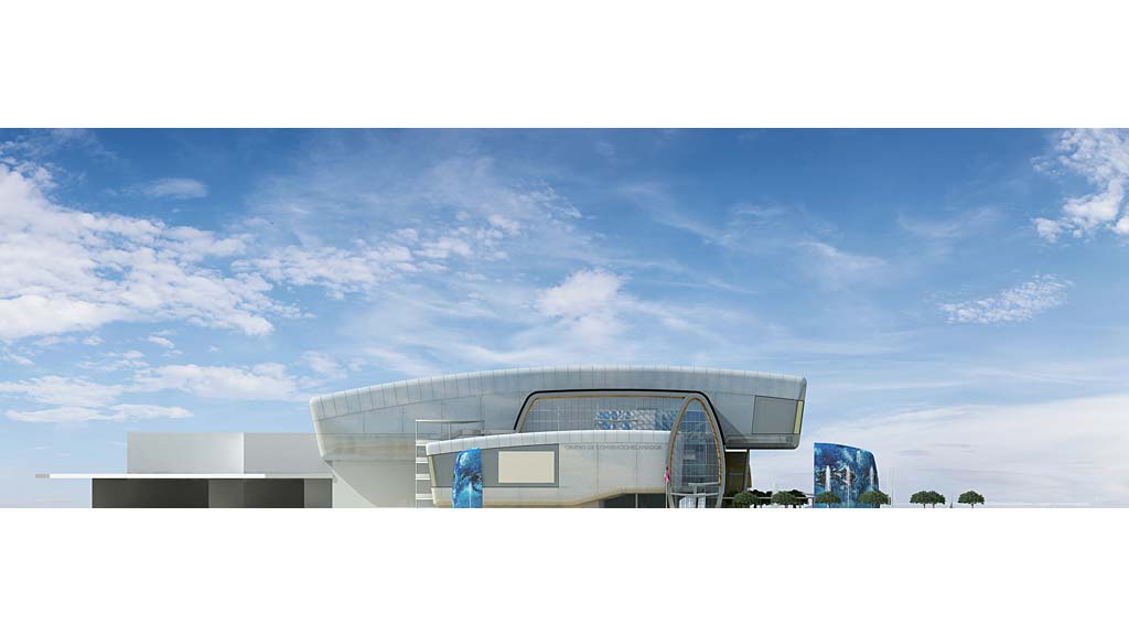 A building with a glass front.