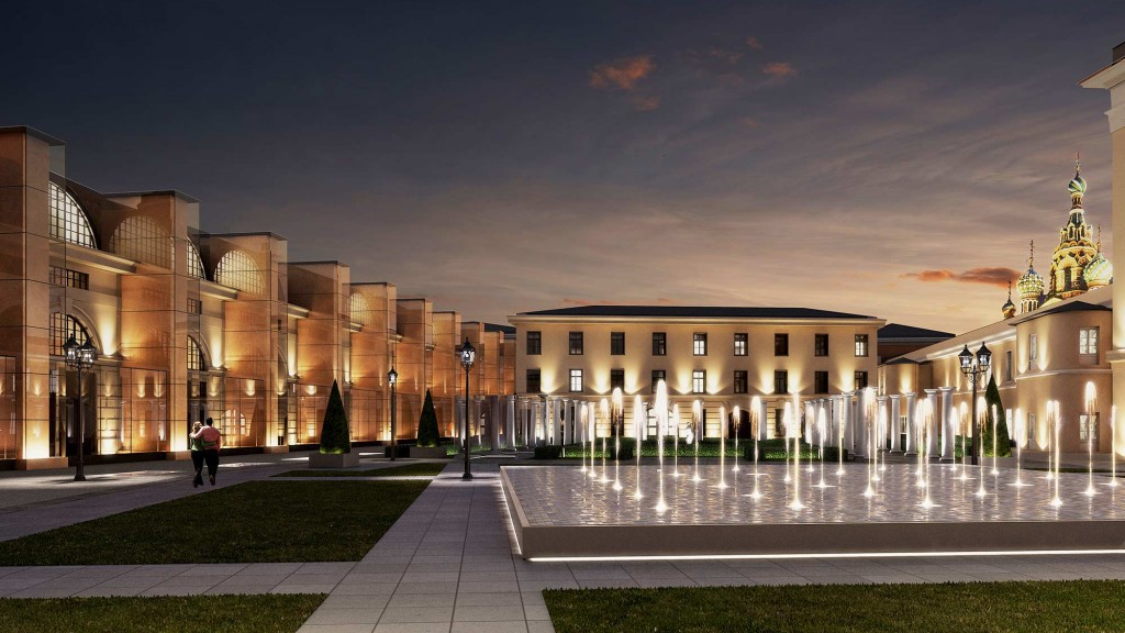 A fountain in front of a building.