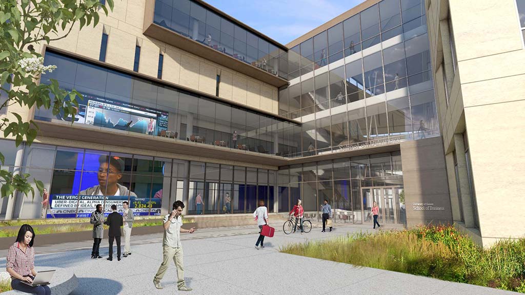 People walking outside a building.