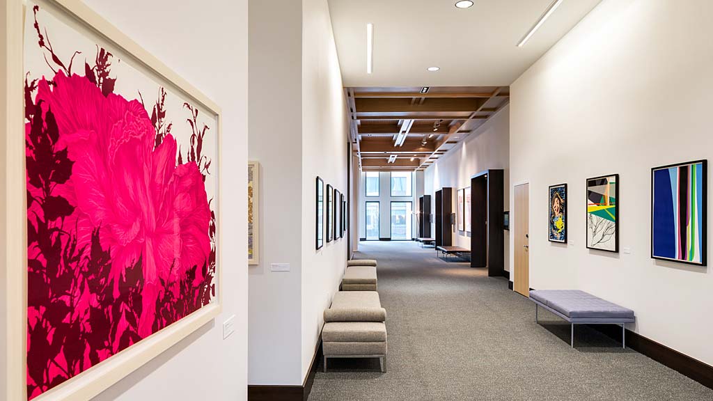 A hallway with art on the walls.