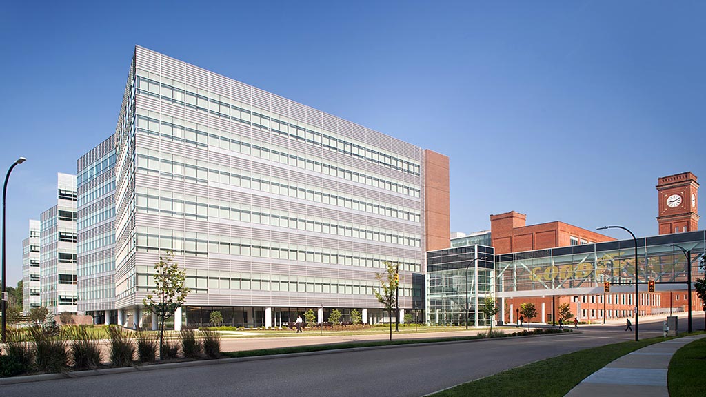 A large building with glass windows.