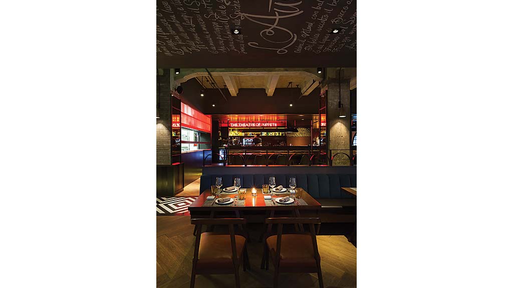 A restaurant with a large table.