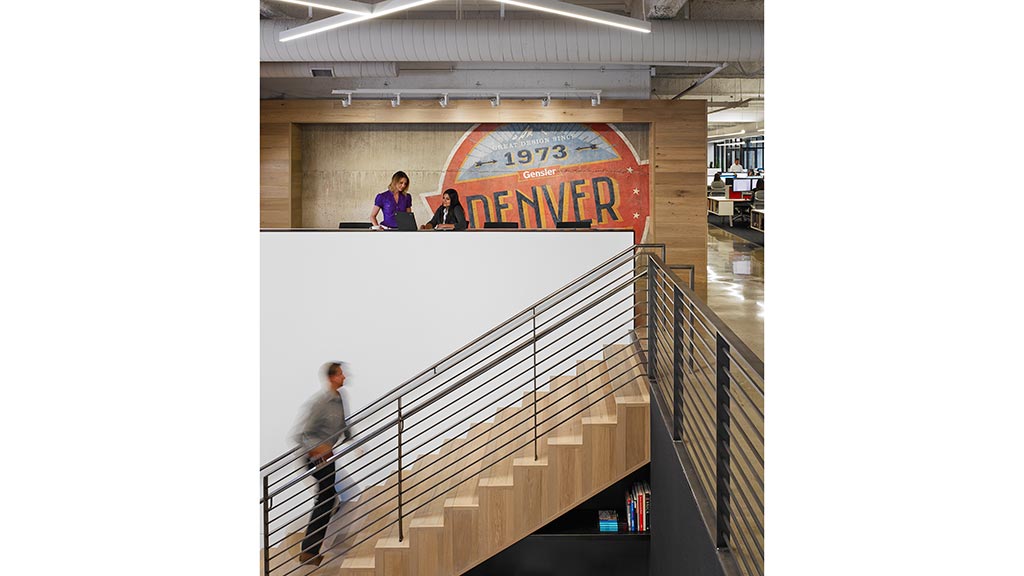 People walking up a flight of stairs.