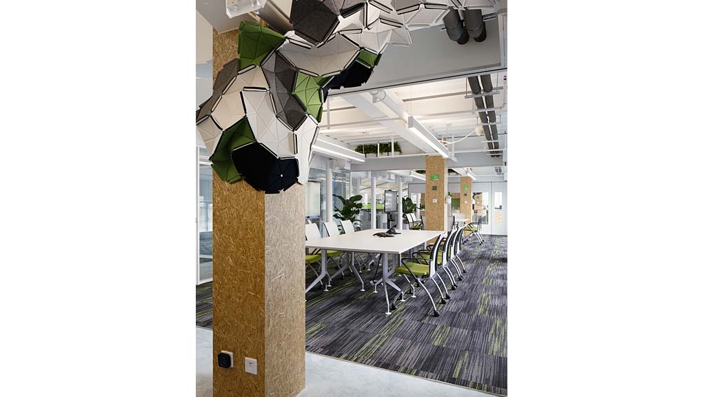 A table and chairs in a room.