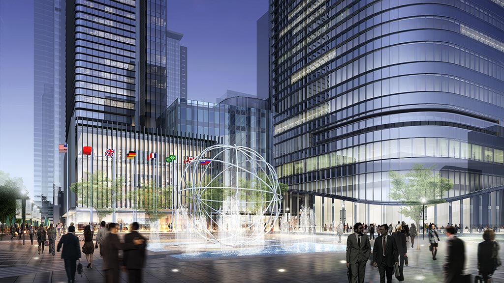 A group of people walking around a city.