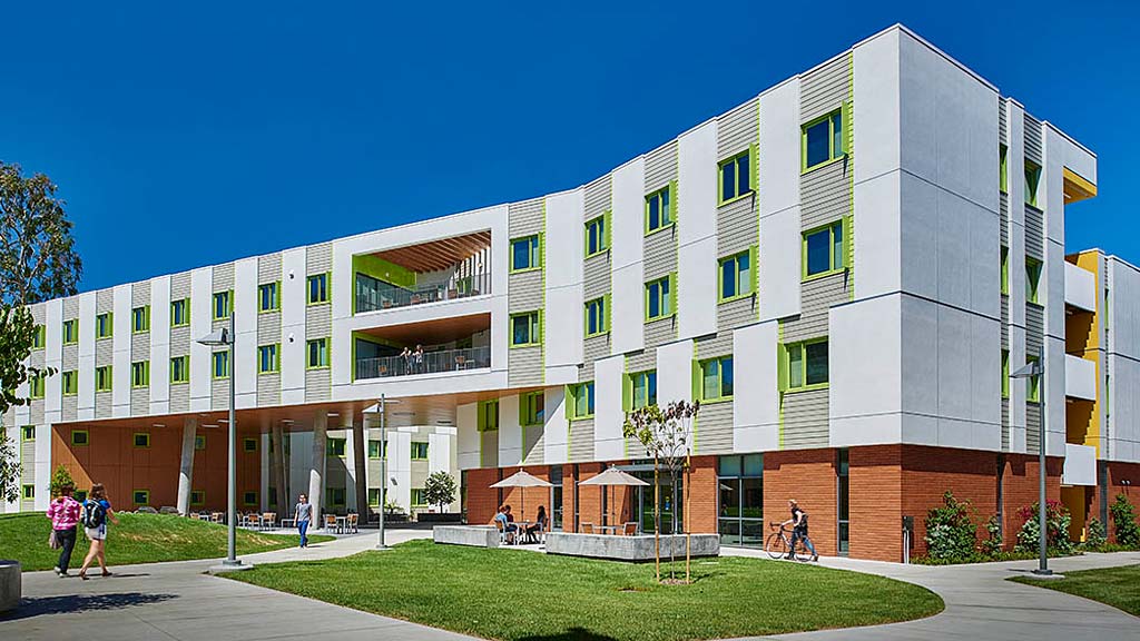 A building with people walking around.