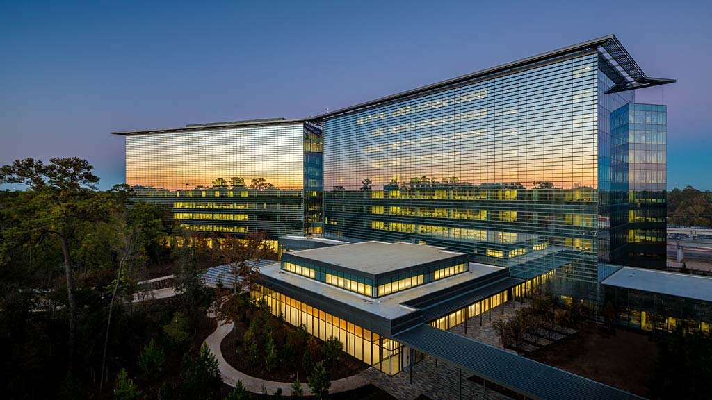 A building with a glass front.
