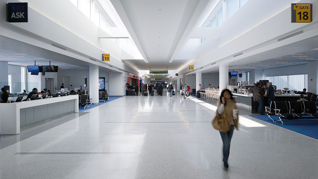 A person walking in a large building.