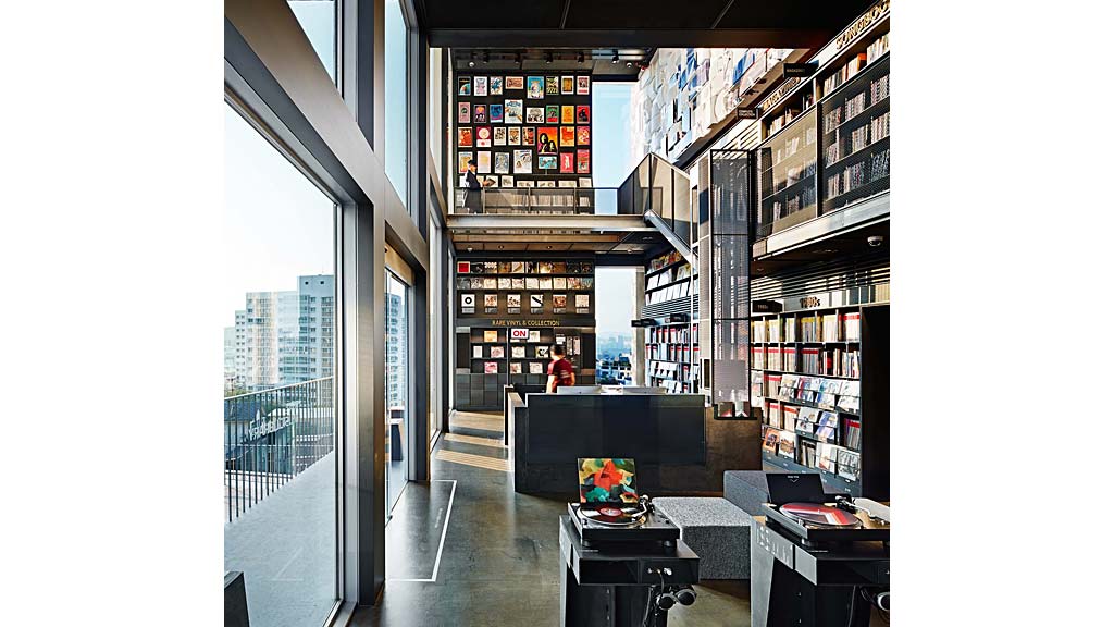 A store front with a large display.