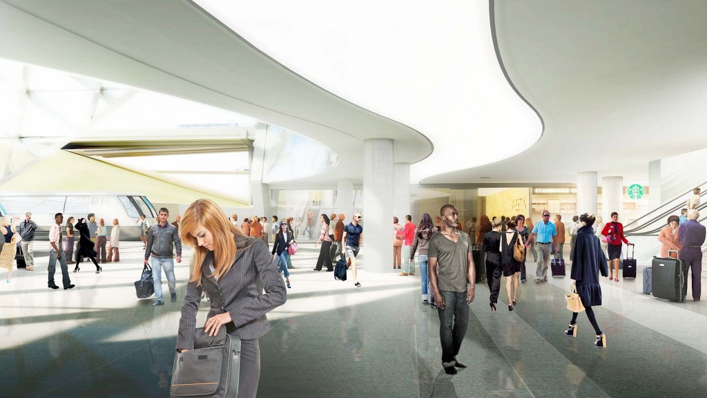 A group of people walking in a large building.