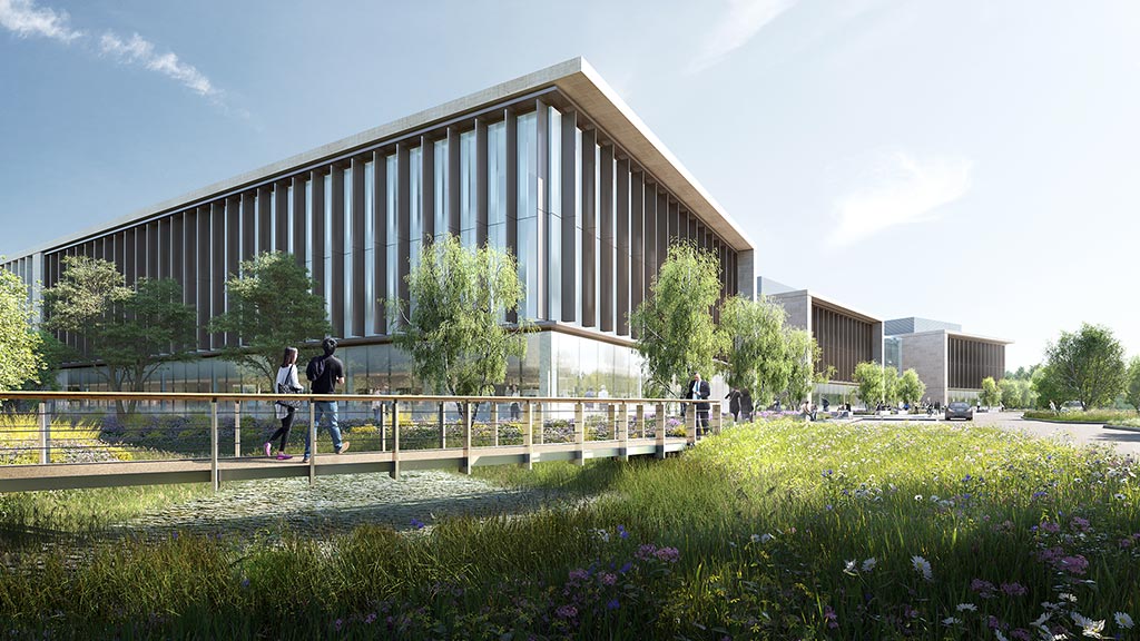 A building with a glass front.