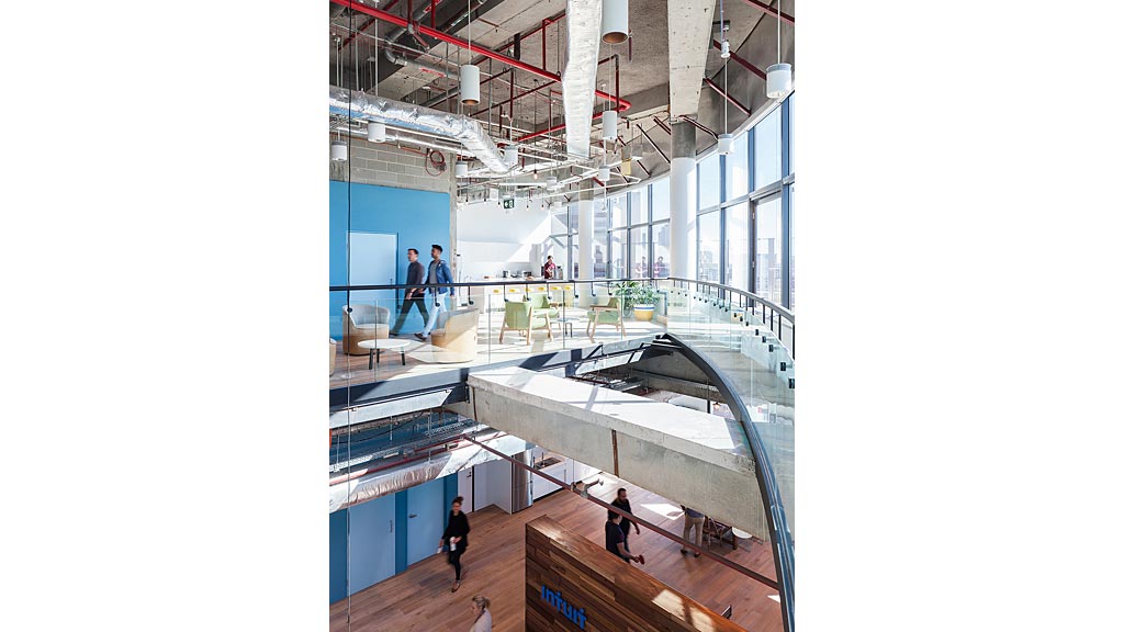 A high angle view of people inside a building.