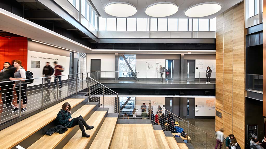 A group of people in a building.