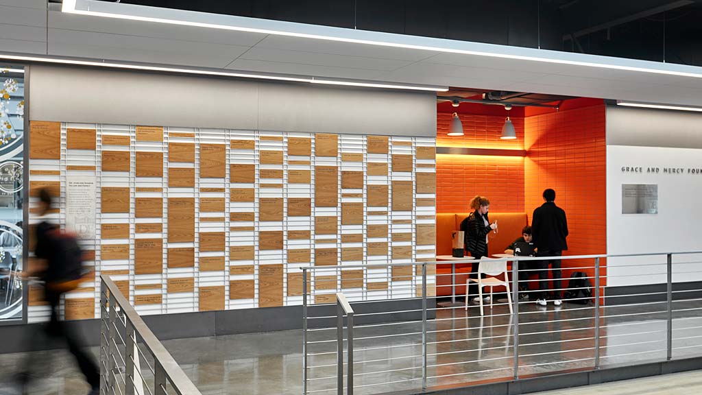 A group of people in a building.