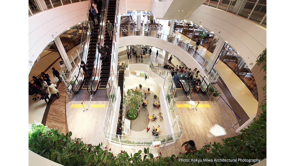 A high angle view of people in a building.
