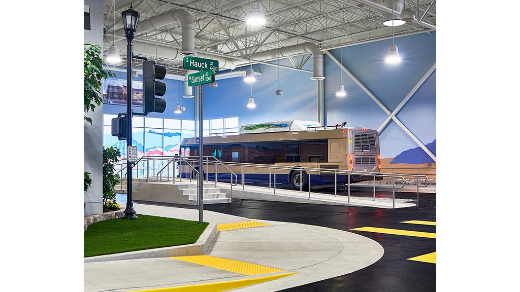 A train station with a train.