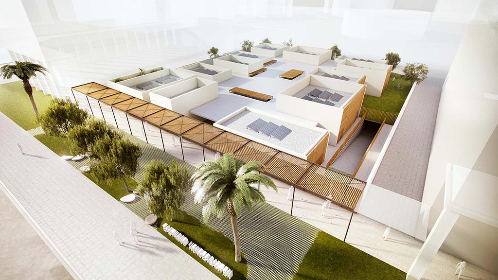 A building with a courtyard and trees.