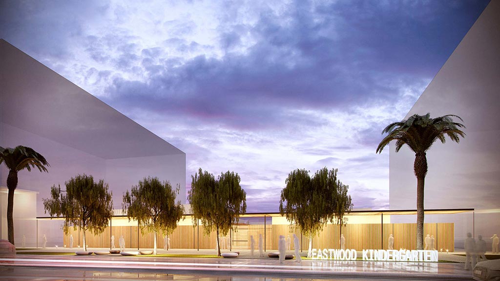 A building with palm trees and a cloudy sky.