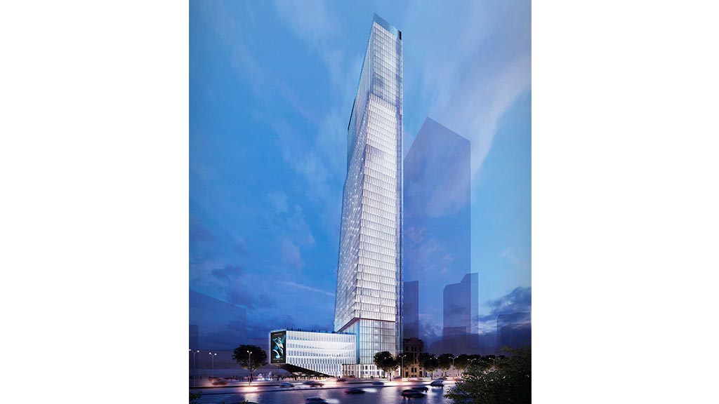 A tall building with a glass front.
