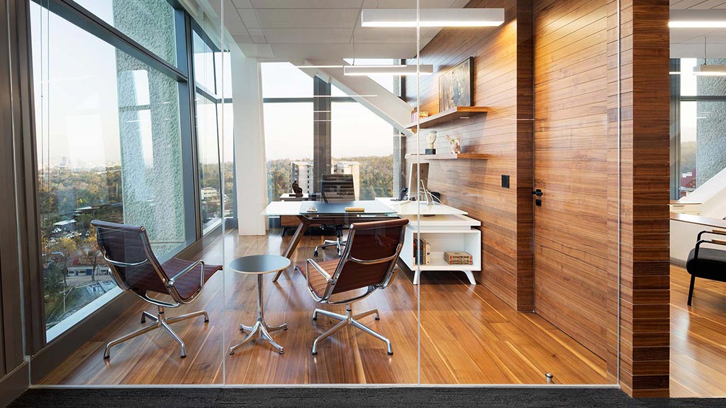 A room with a table and chairs.