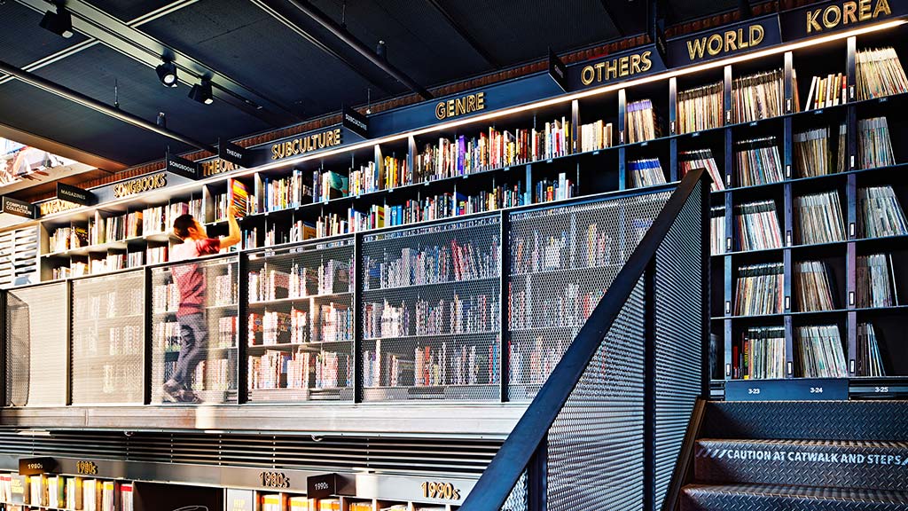 A large library with books.