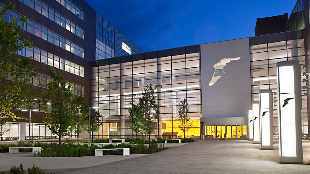 A building with glass windows.
